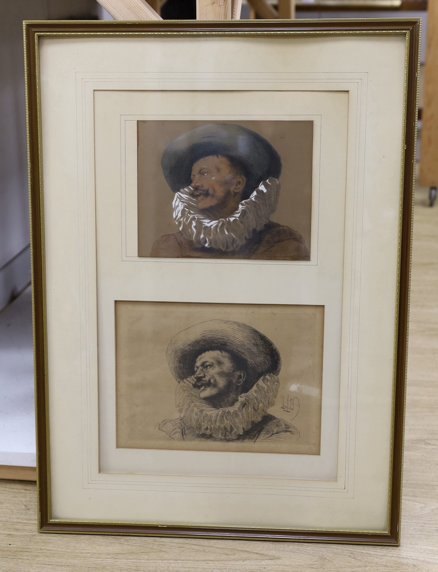 Alexandre-Louis Leloir (French, 1843-1884), conté crayon drawing and the etching from it, Head of a cavalier, signed in the etching plate, 19 x 24cm
